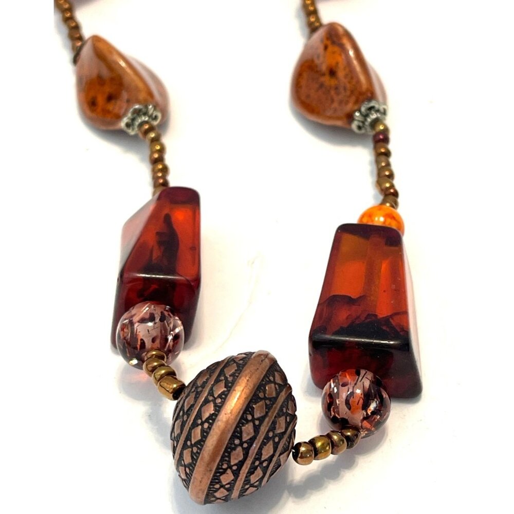 Y2K Leopard Amber Brown Orange Beaded Necklace Earring Set Boho Autumn Statement - Picture 3 of 12